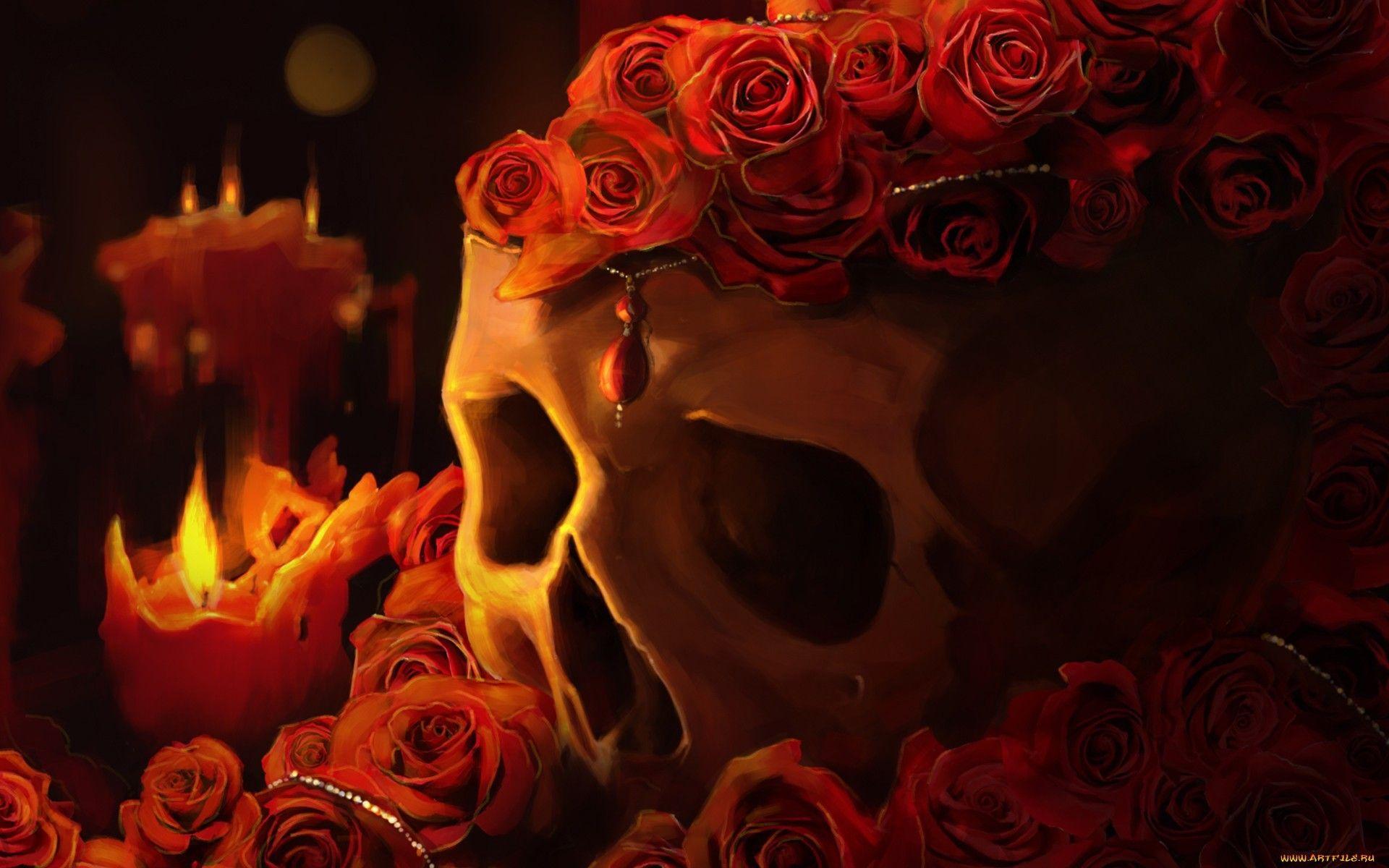 Skull and flowers in black background Royalty Free Vector