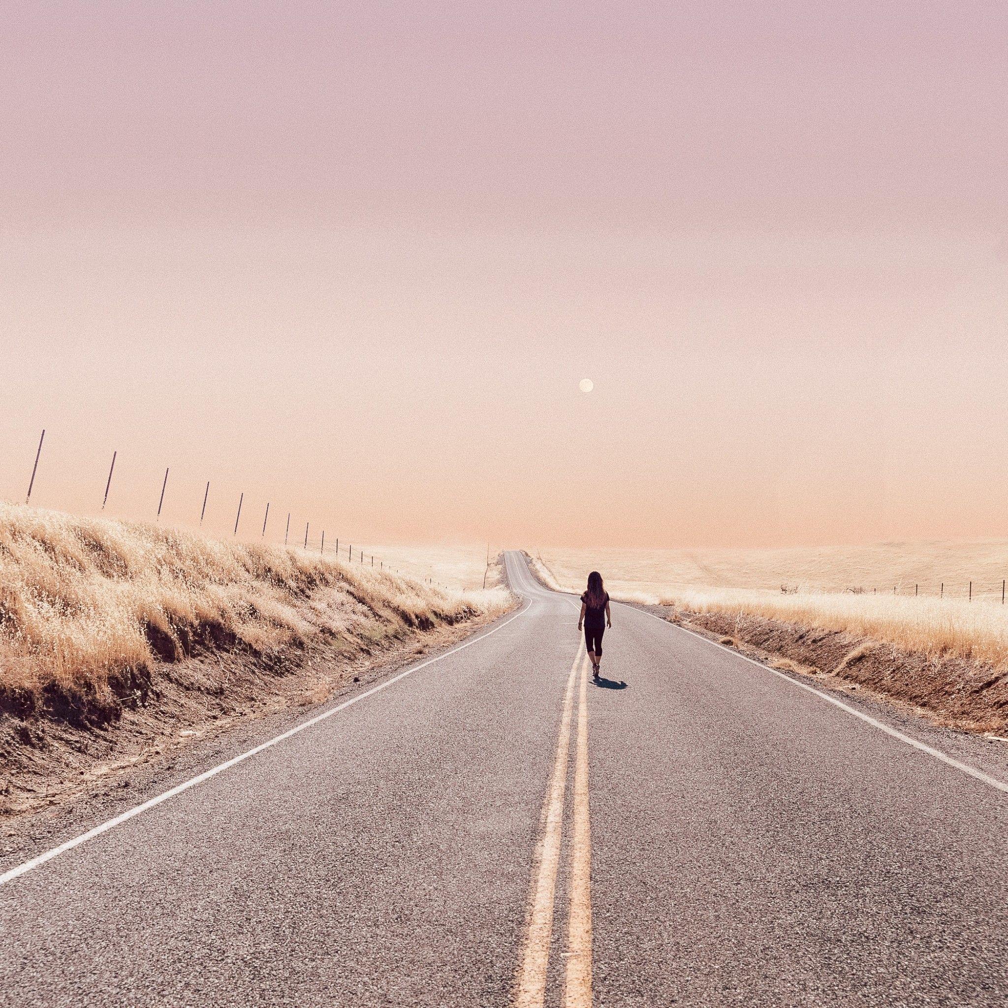 2048x2048 Girl Walking Alone On Desert Road iPad Air HD 4k