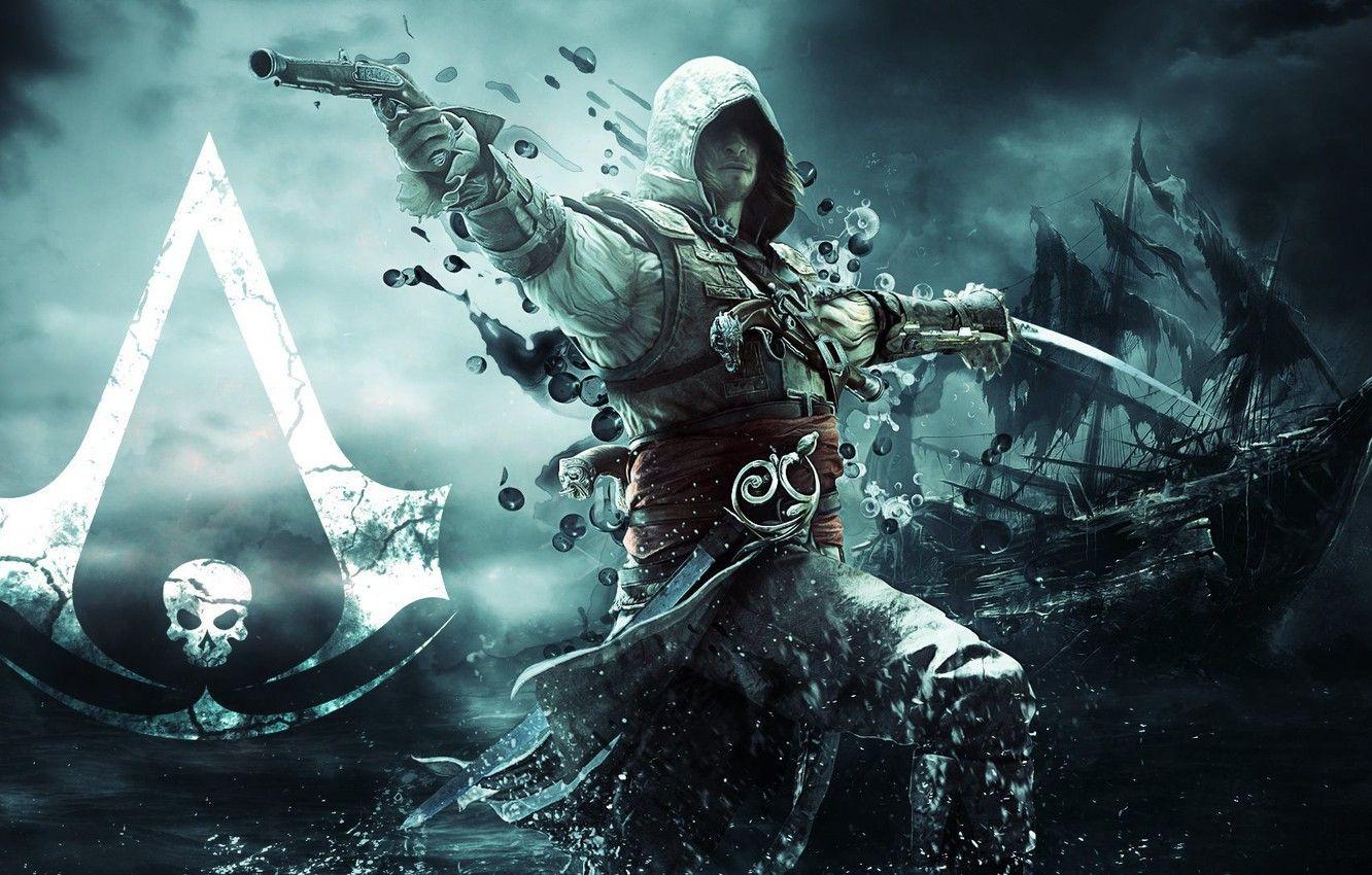 1332x850 Wallpaper gun, ship, sword, flag, pirate, assassin, Edward Kenway