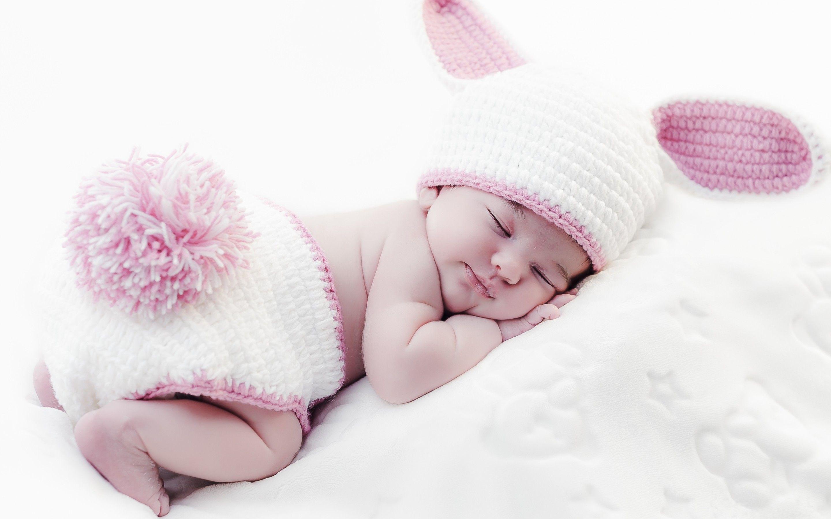 2880x1800 Wallpaper Sleeping baby, Rabbit, Crochet baby costume, 4K, Cute