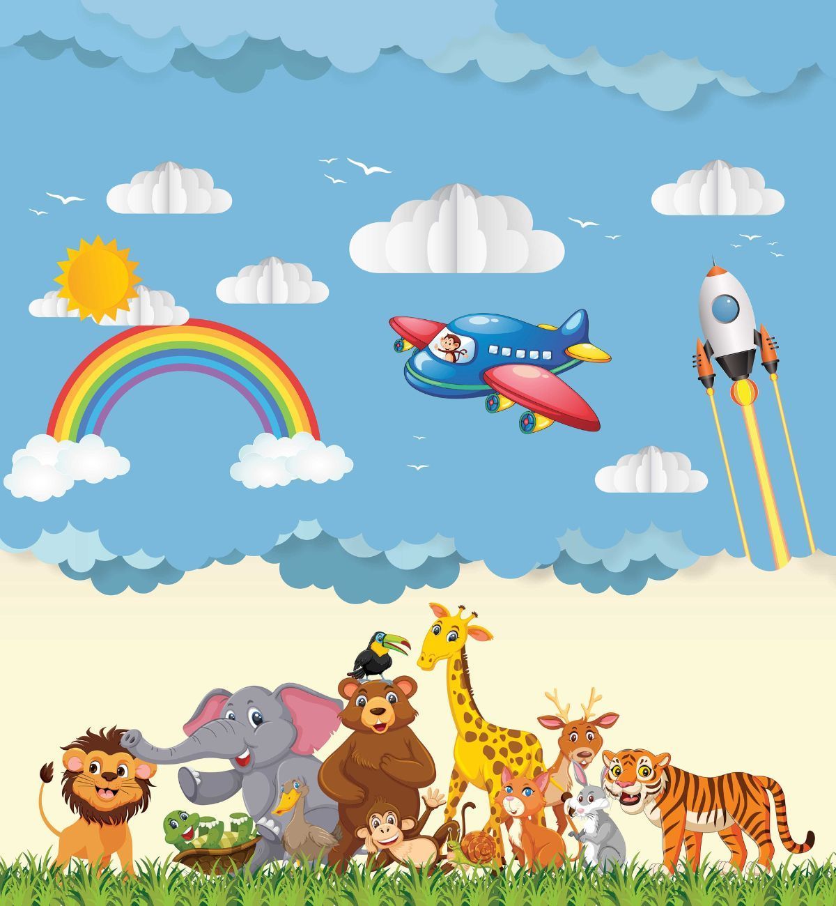 1200x1300 Udaan: Rockets, Aeroplane and Cute Jungle Animals Wallpaper Mural for Kids Room®