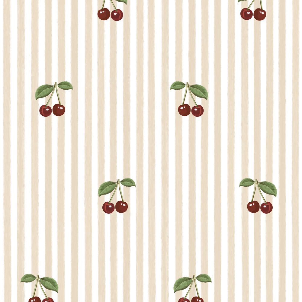 1000x1000 Little Cherries on Beige Stripes Wallpaper