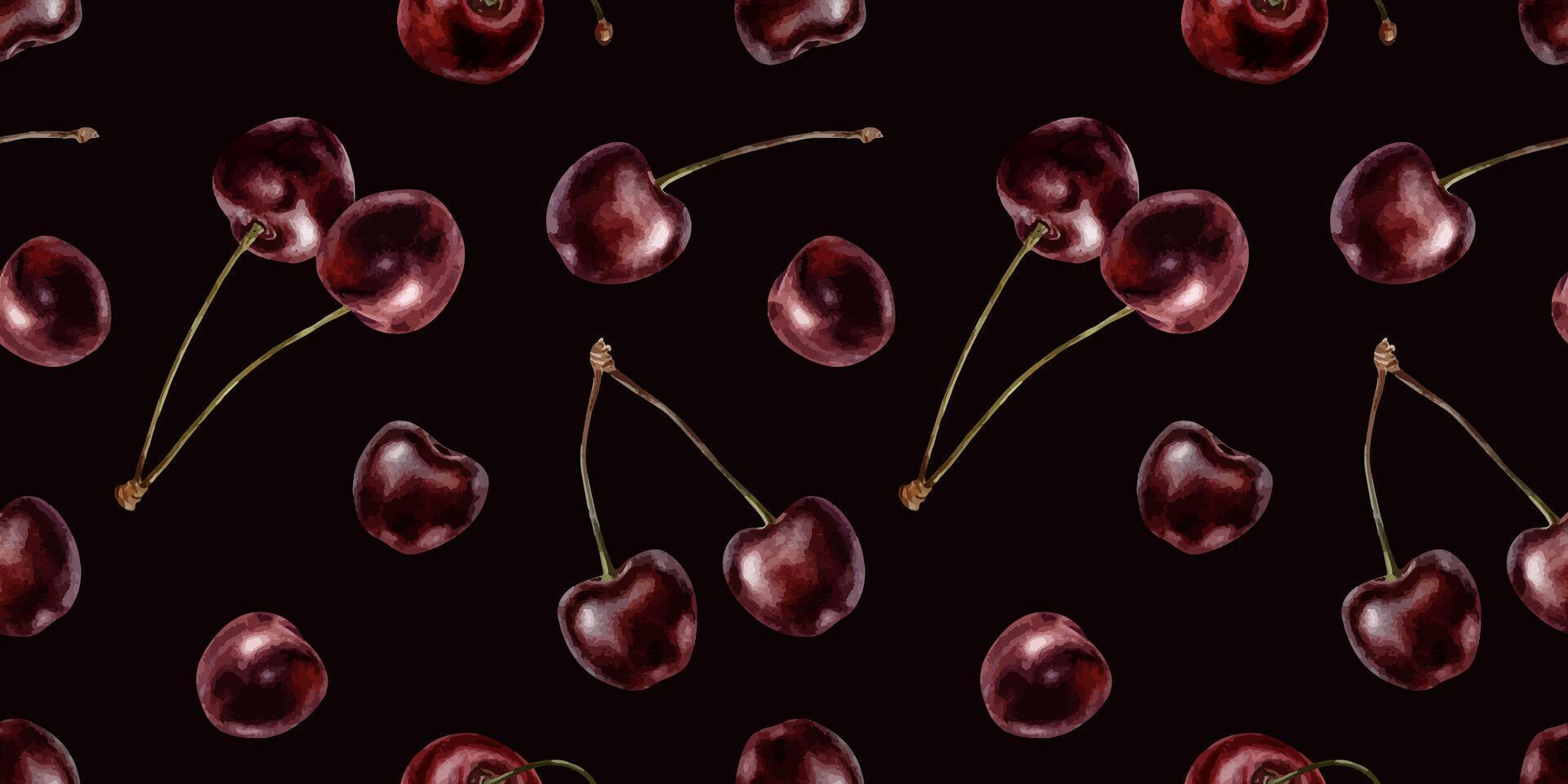 1920x960 Sweet Cherry fruits. Pair of Red cherry berries. Hand drawn watercolor seamless pattern on dark background. Surface design for wallpaper, packaging of goods, wrapping paper, cosmetic, textile, clothing