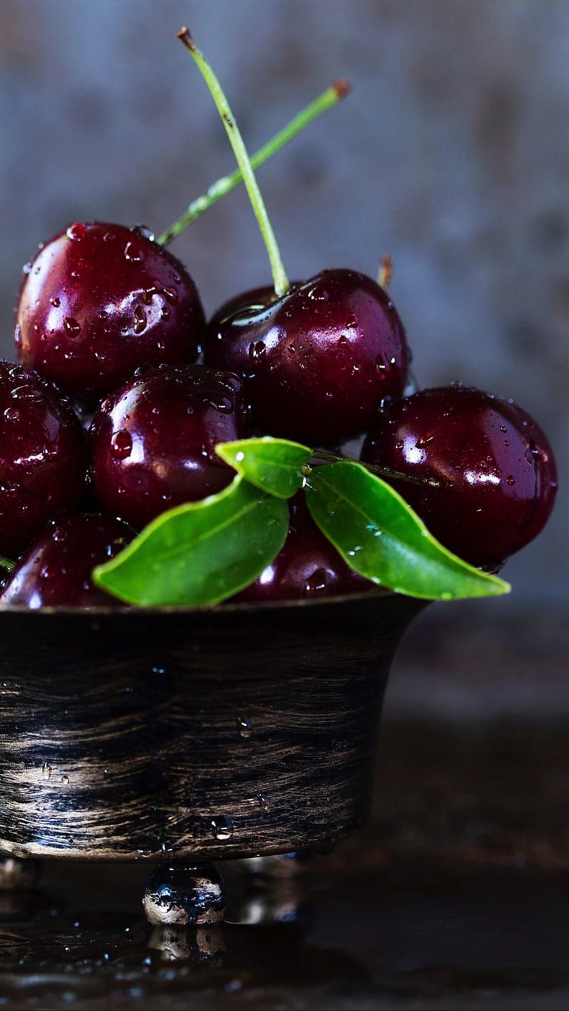 800x1422 Red Cherries, bowl, ripe, drops, berries, cherry, food, red cherries, HD phone wallpaper