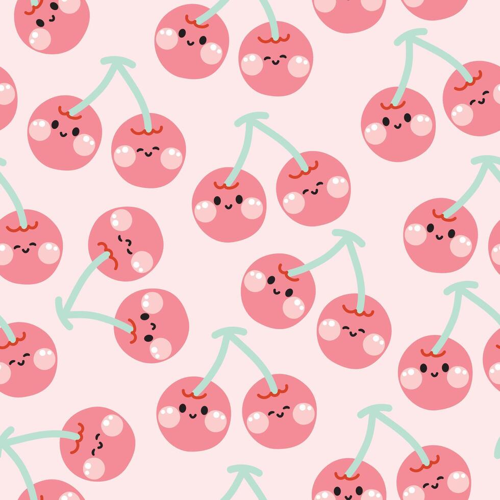 980x980 Seamless pattern of cute cherry smile face background.Catoon character design.Pastel fruit.Wallpaper.Banner.Paper gift.Kid graphic.Kawaii. Illustration
