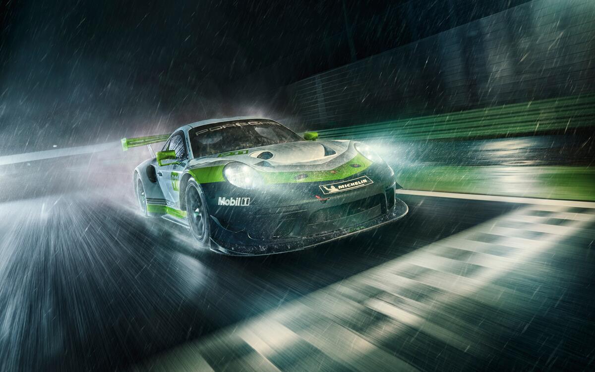 1200x750 The Porsche 911 Gt3 R drives on a rainy road at night. · free photo from jorik and wallpaper