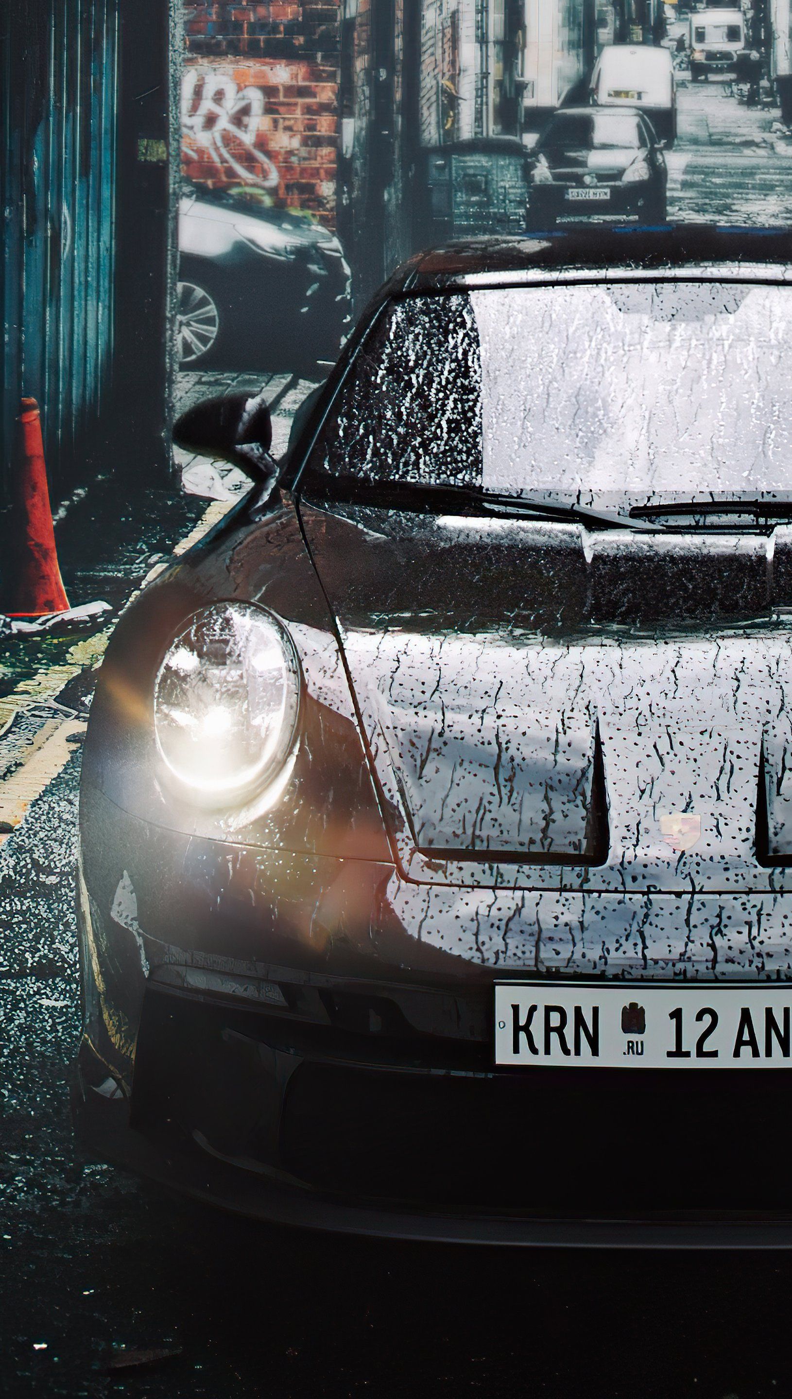 1630x2880 Porsche 911 in rainy street Wallpaper 5k for iPhone and Mobile Phone