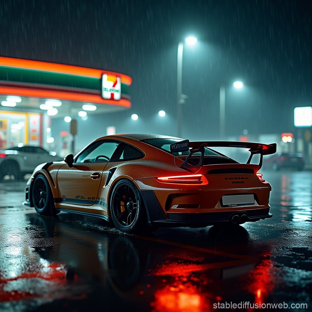 1024x1024 Porsche GT3 RS In Rainy Background At 7 Eleven. Stable Diffusion Online