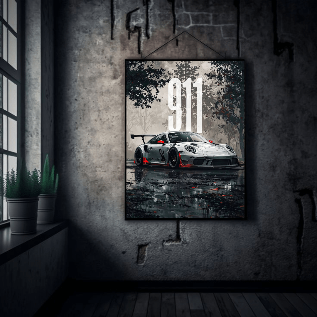 1080x1080 Porsche 911 GT Thunder Rain Mode Metal Poster Sizes