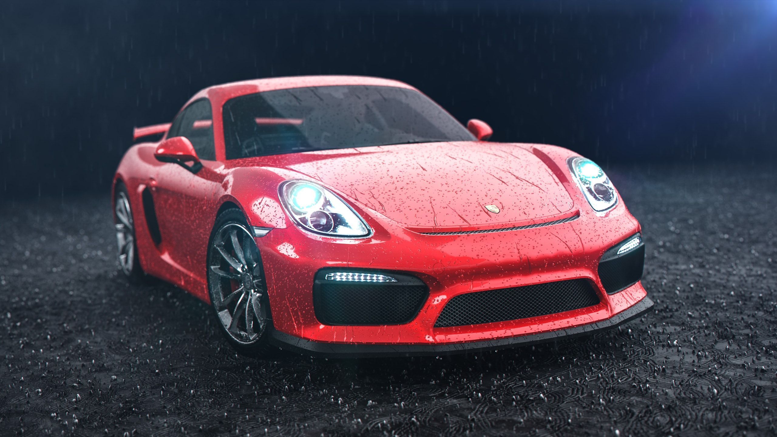 2560x1440 Porsche Cayman GT4 car rendering animation with rain and waterdrops