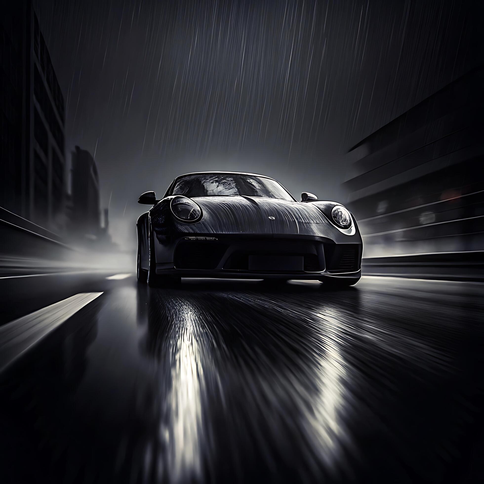 1960x1960 Dark Porsche 911 Driving in the Rain at Night City Street Scene