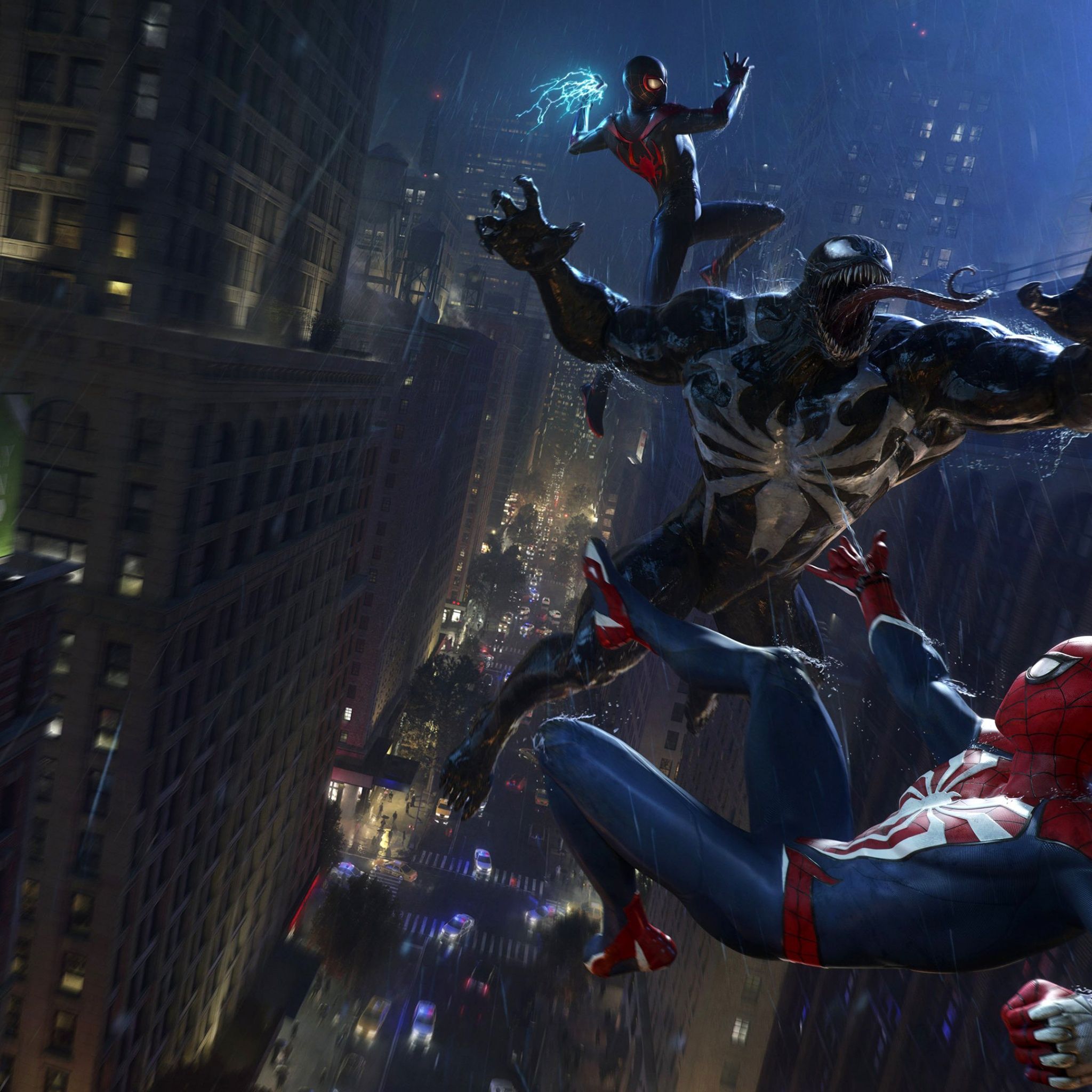 2048x2048 Venom, Miles Morales, Spider Man Fight In Spider Man 2 Game Wallpaper 4K