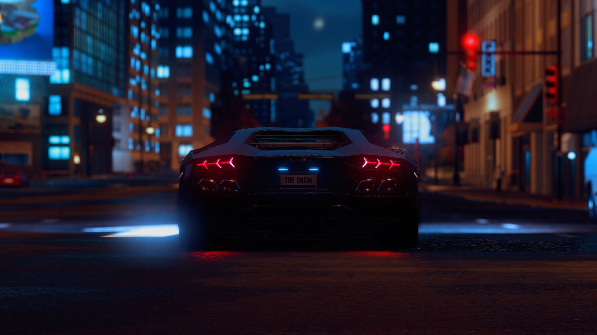 2048x1151 Wallpaper night, lights, building, Lamborghini, back, night, The Crew for mobile and desktop, section игры, resolution 2048x1151