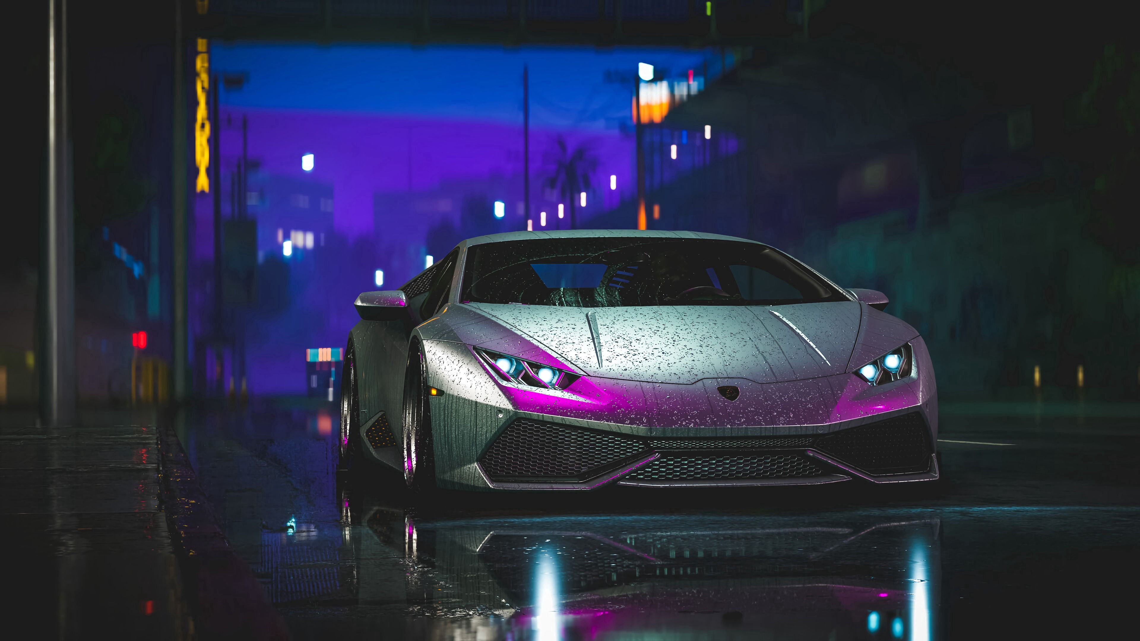 3840x2160 Download wallpaper 3840x2160 lamborghini aventador, lamborghini, car, sports car, gray, wet, street, night HD background