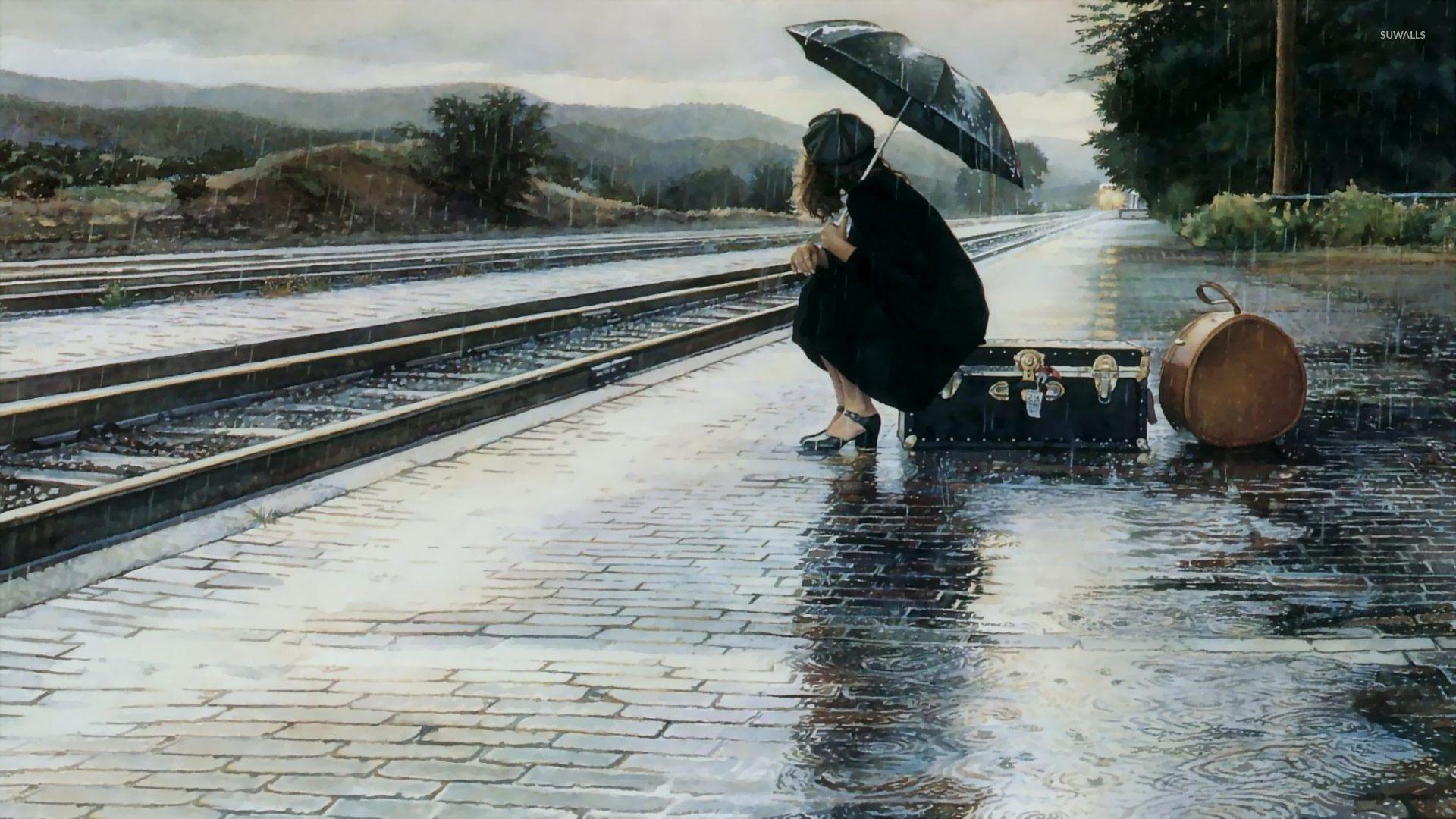 1920x1080 Waiting for the train in the rain wallpaper wallpaper