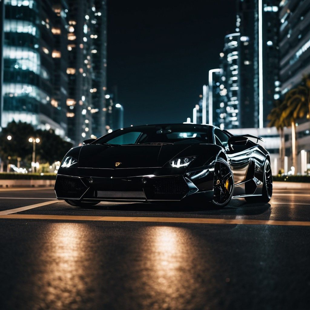 1024x1024 Black Lamborghini in Modern Cityscape at Night. Stable Diffusion Online