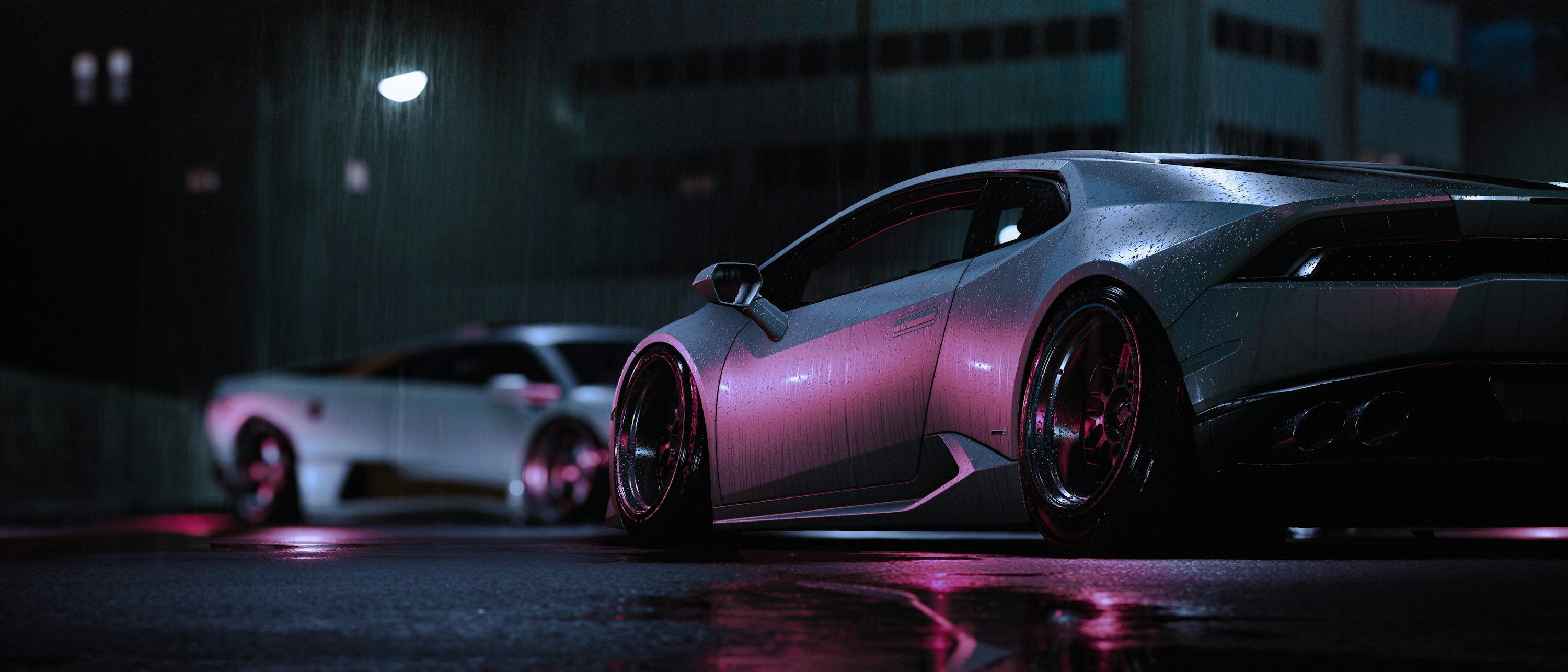 3000x1286 A car parked on the side of a street at night photo