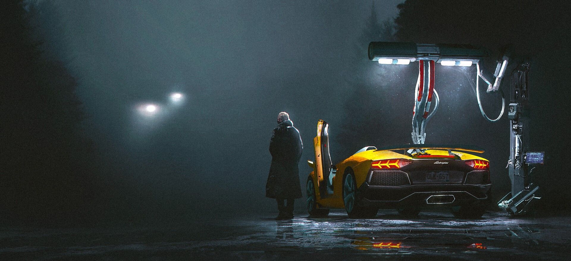 1920x879 digital art, futuristic, car, Lamborghini, night, artwork, Lamborghini Aventador, HD Wallpaper