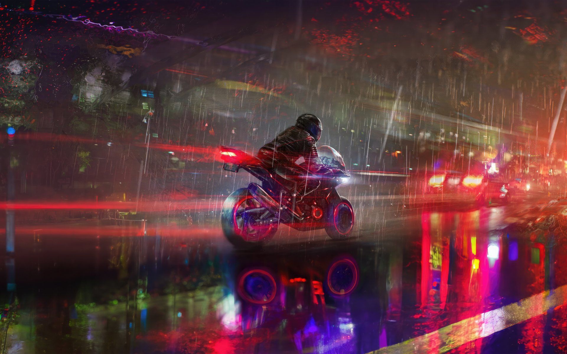 1920x1200 Neon Rider: HD Motorcycle in the Midnight Rainx1200
