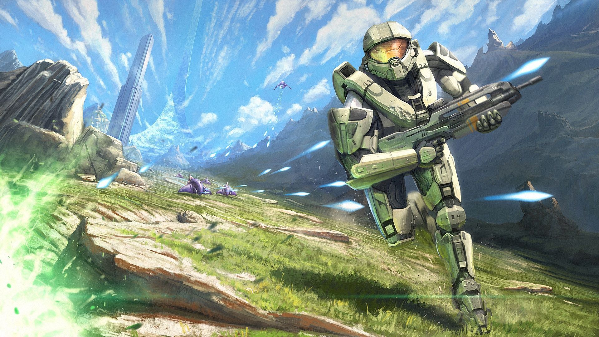 1920x1080 Wallpaper gun, grass, fantasy, game, Ghost, soldier, armor, sky for mobile and desktop, section игры, resolution 1920x1080