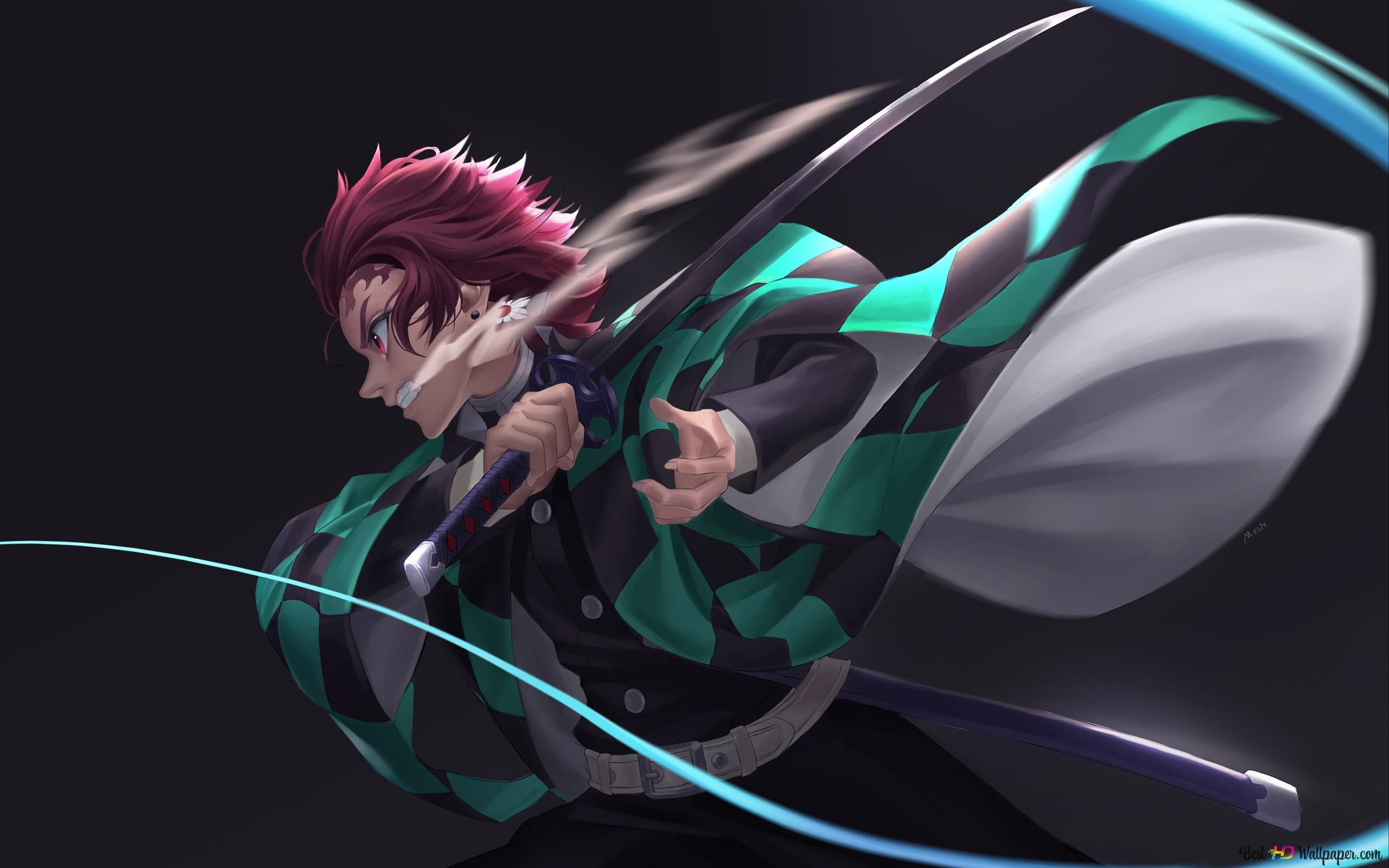 2560x1600 tanjiro kamado black background slayer 4K wallpaper download