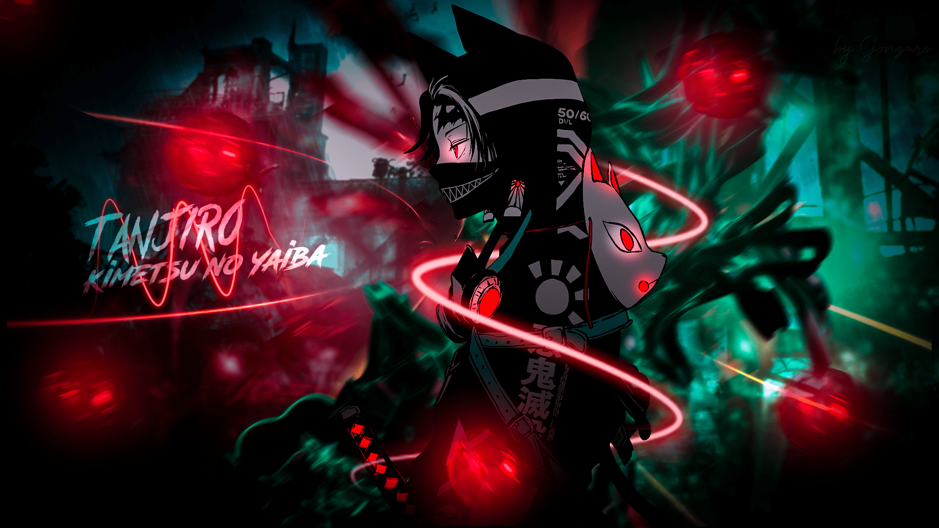 1920x1080 red eyes, red, Black Mask, turquoise background, anime boys, Kamado Tanjirō, black coat, graphic design, abstract, Tanjiro Kamado, katana, HD Wallpaper