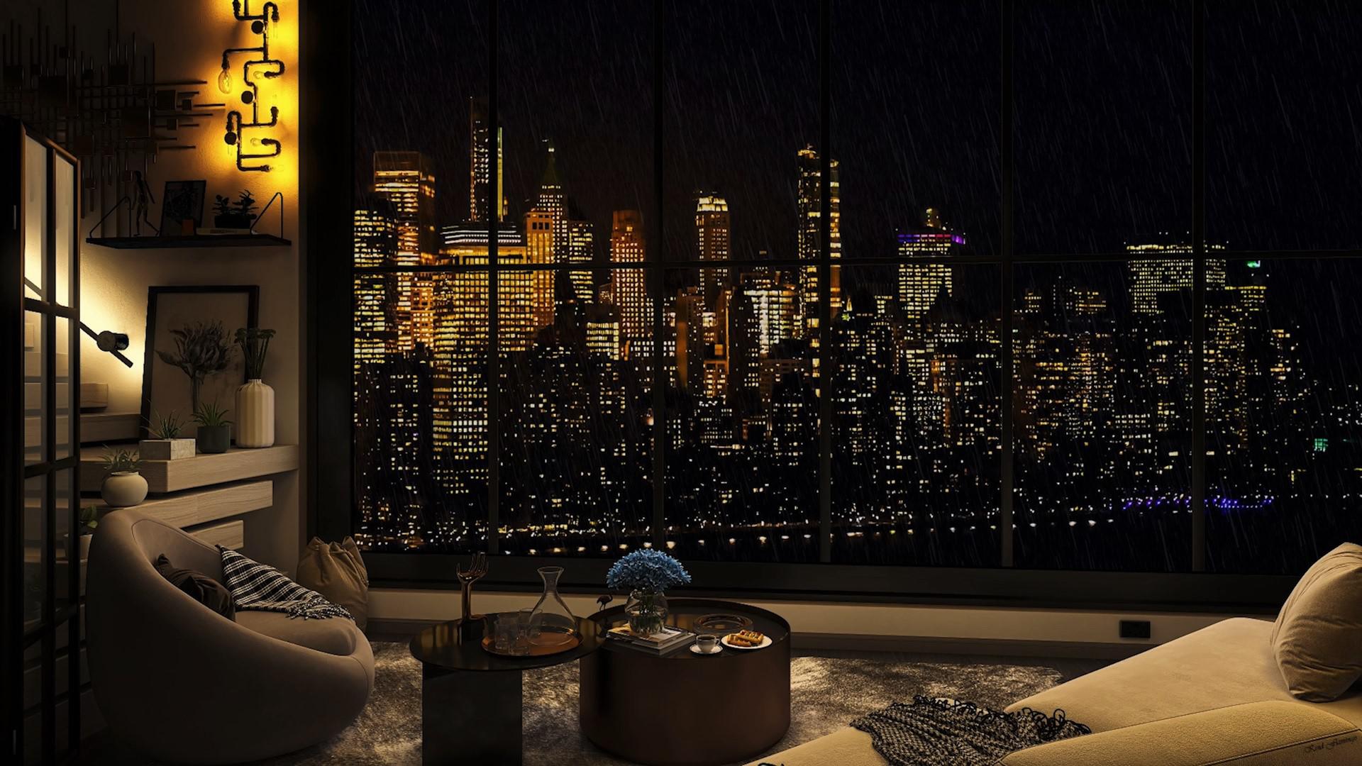 1920x1080 A Rainy Night in NYC Cozy Apartment. for My Youtube Ambience Channel. [1920x1080]