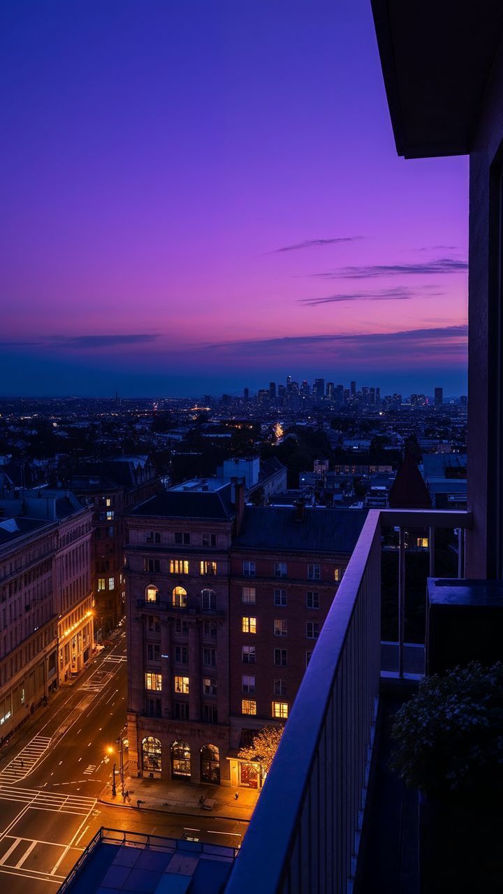 720x1280 free 4K wallpaper balcony, houses, street, city, sky, sunset, evening, landscape, ai, art by ♤CR