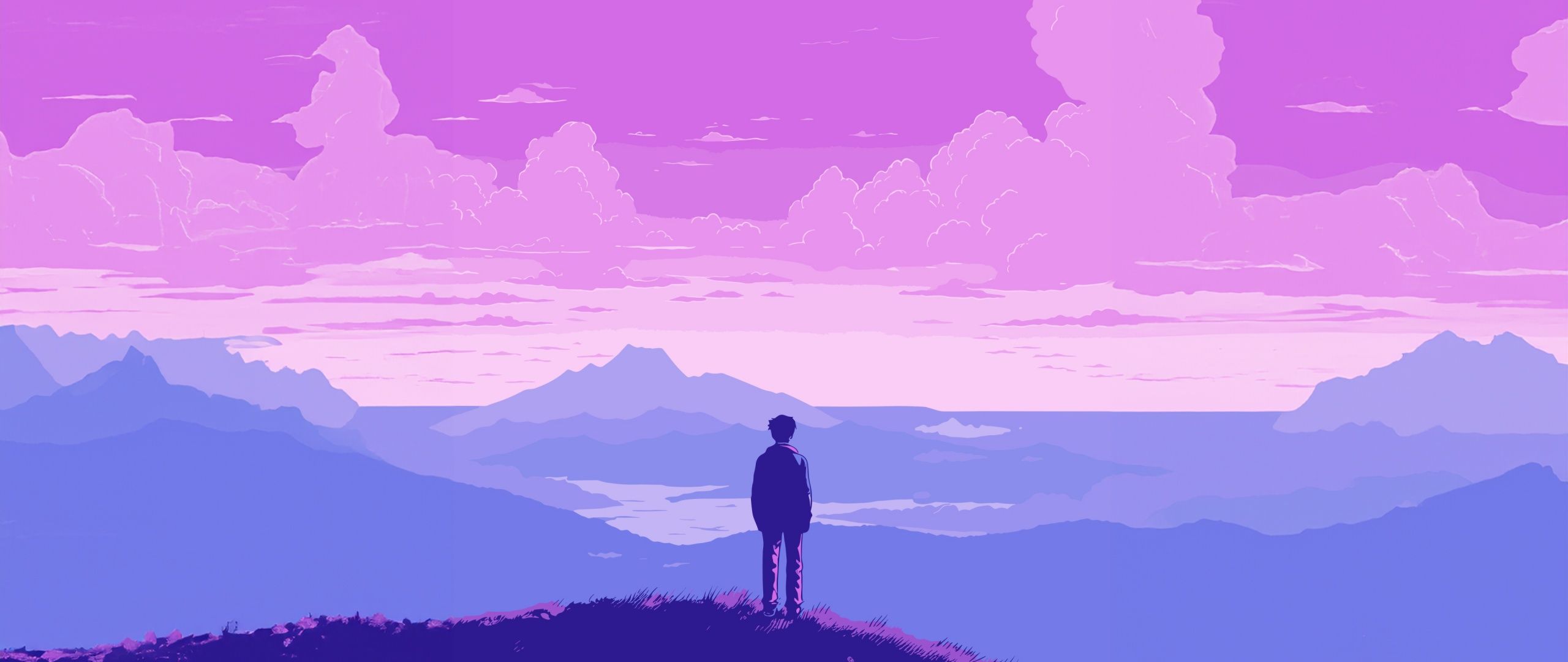 2560x1080 Lofi boy Wallpaper 4K, Landscape, Pixel art, Purple sky