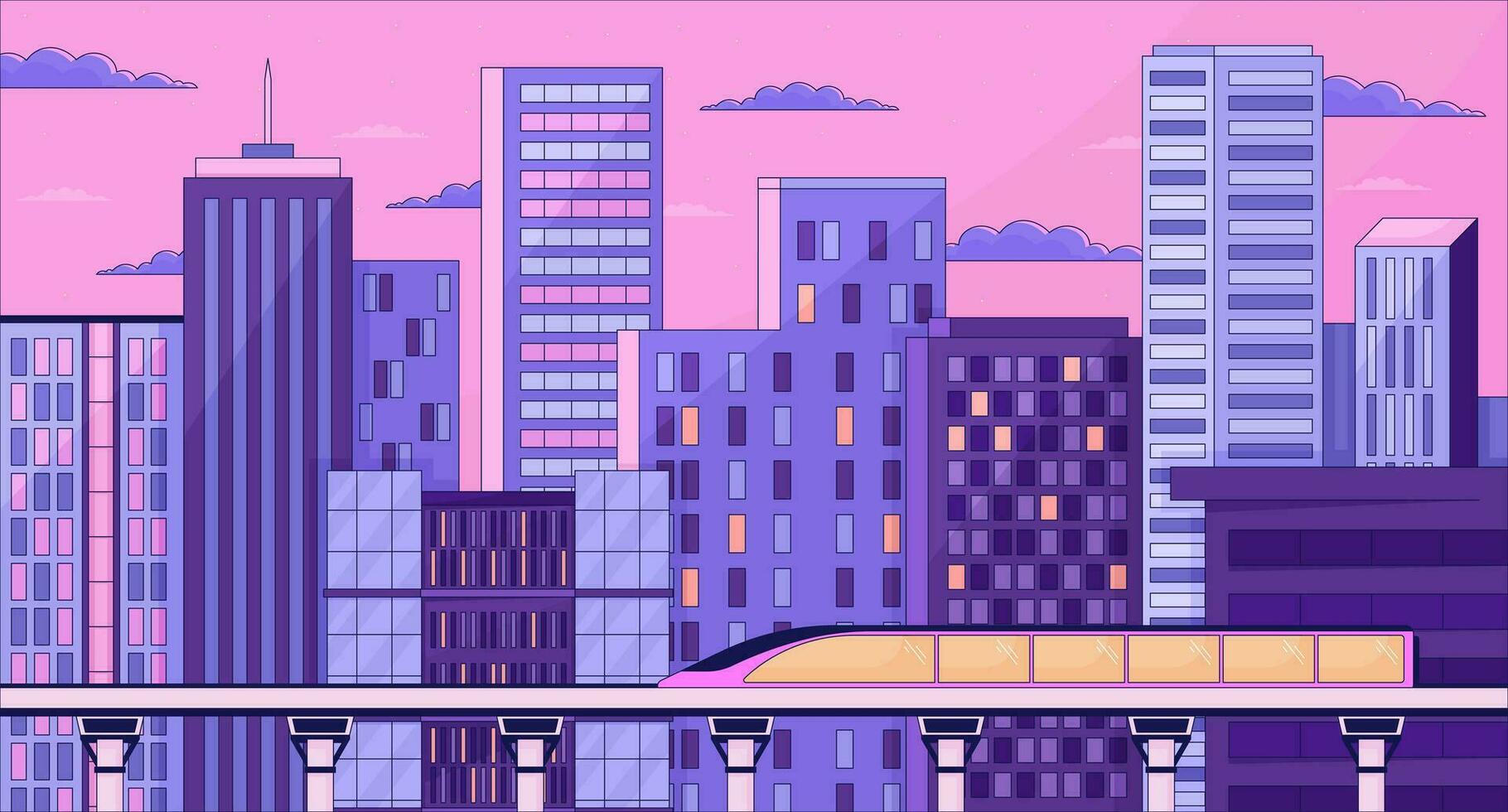 1820x980 Bullet train night skyscrapers lo fi aesthetic wallpaper. Highrise buildings twilight, railway train 2D vector cartoon cityscape illustration, purple lofi background. 90s retro album art, chill vibes