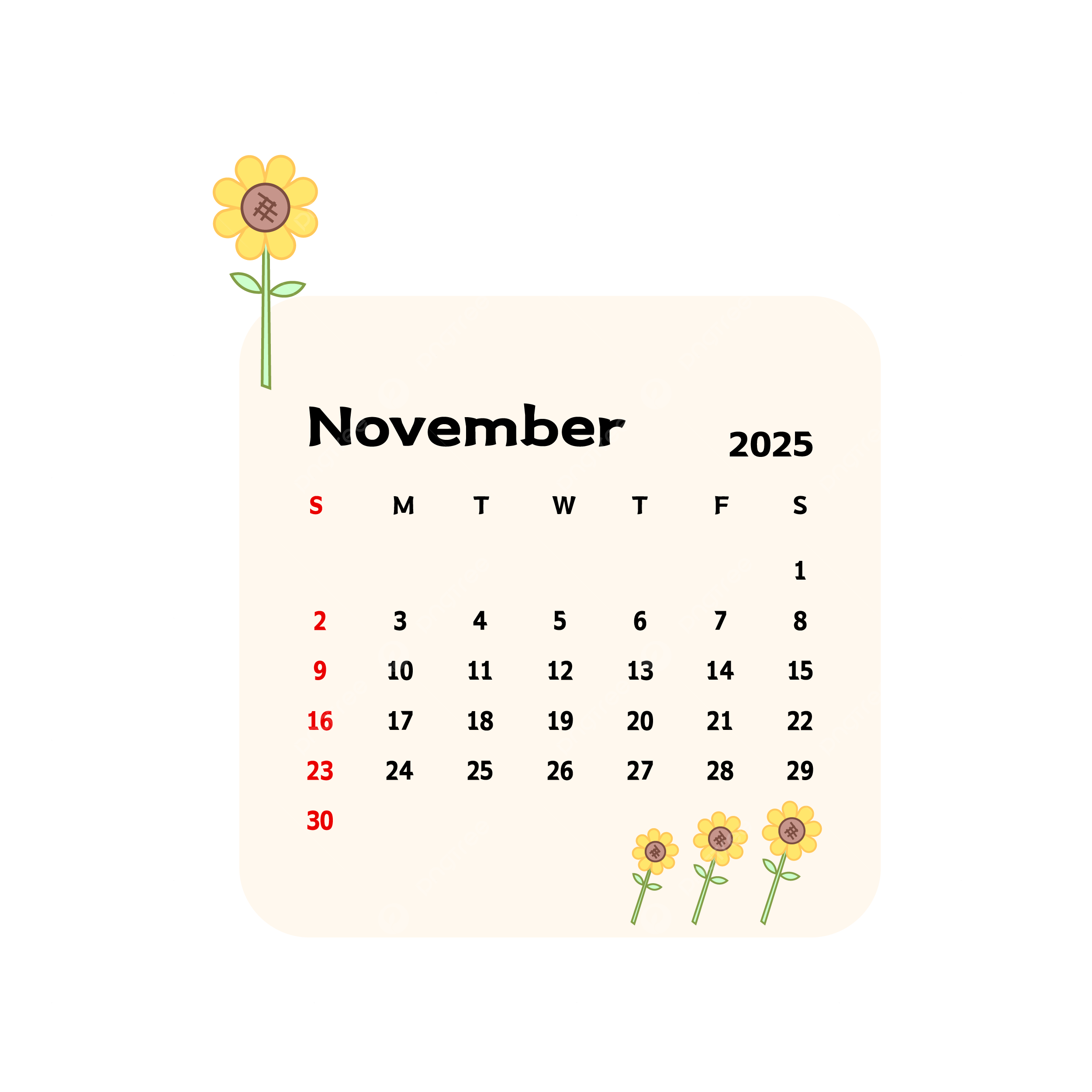 2500x2500 November 2025 Calendar With Cartoon Sunflowers Vector, Calendar Clipart, November Clipart, Cartoon Clipart PNG and Vector with Transparent Background for Free Download