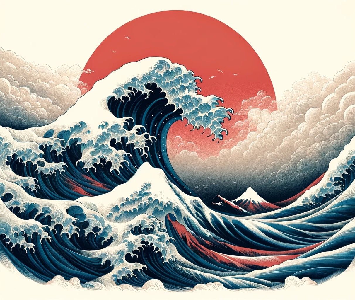 1212x1024 Japanese Wave Mural Wallpaper. Red Sun Background with White Clouds