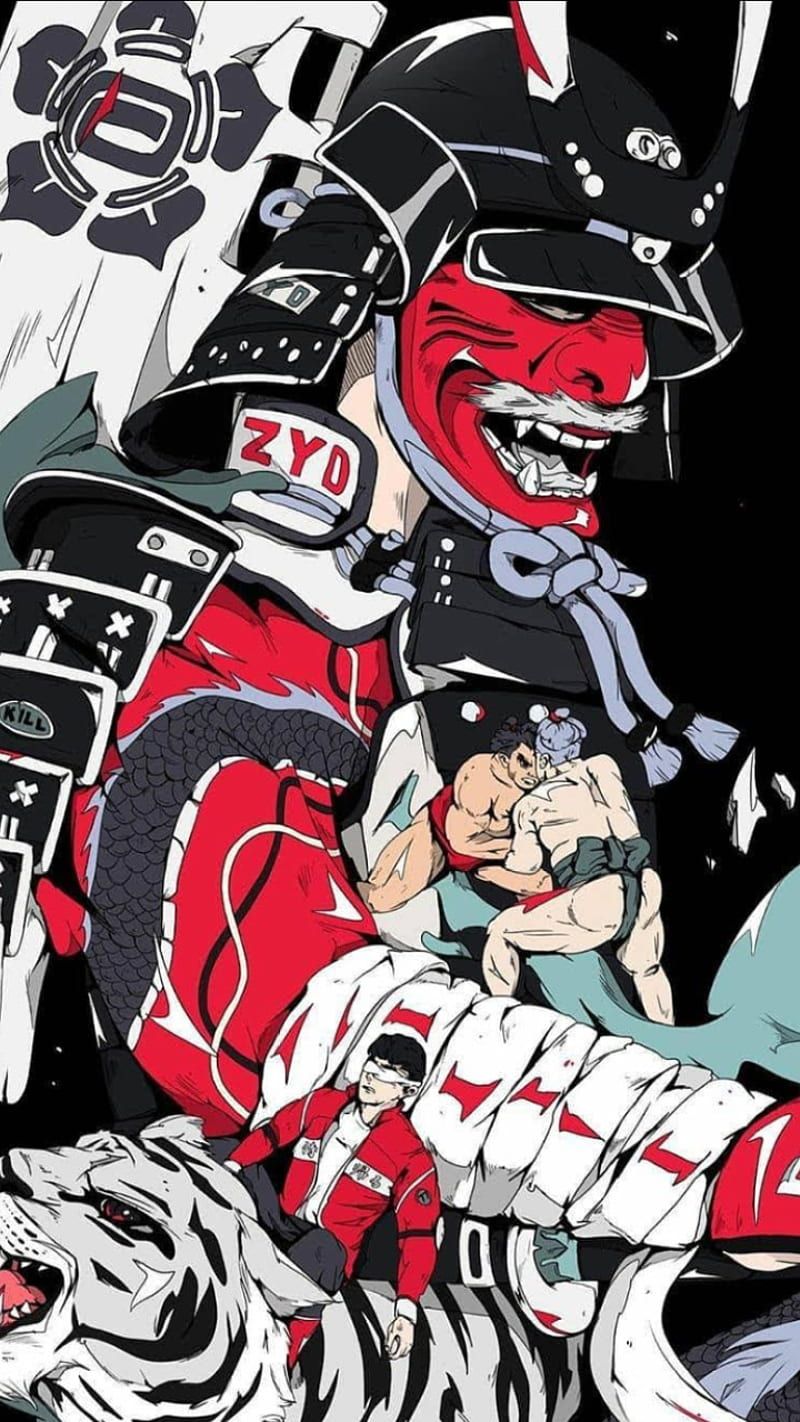 800x1422 Japanese Culture, black, drawing, japan, red, samurai, sumo, tiger, white, HD phone wallpaper