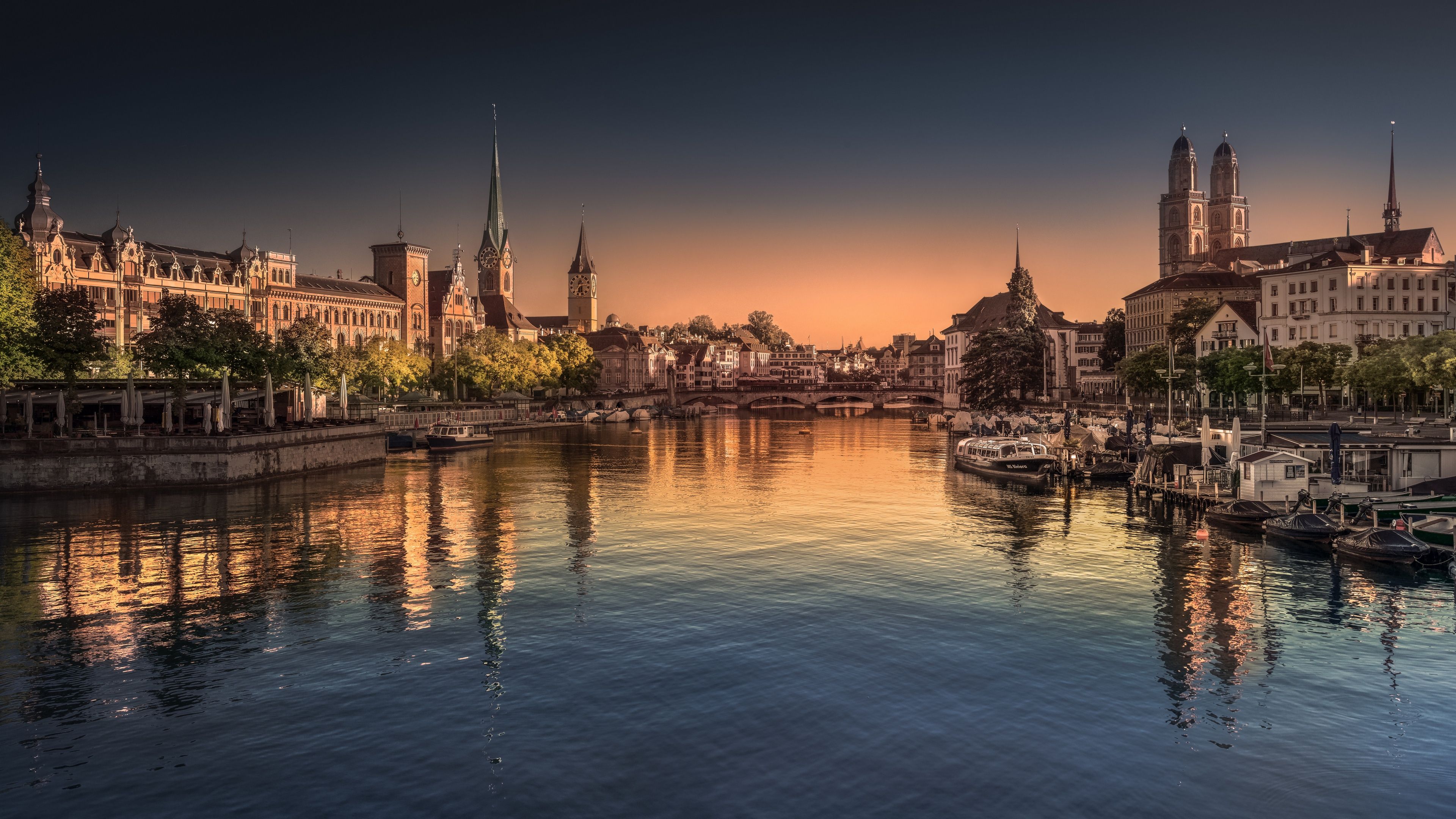 3840x2160 Wallpaper city, river, Switzerland, morning, boats, Zurich, Town Hall for mobile and desktop, section город, resolution 3840x2160