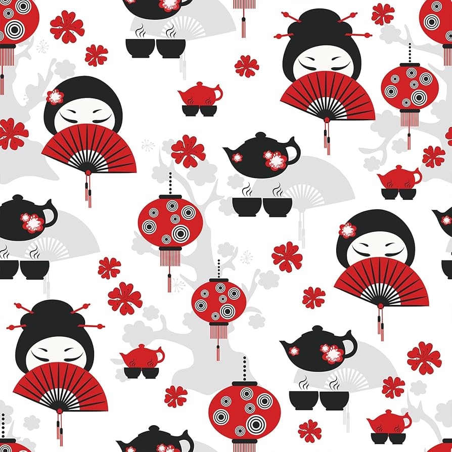 894x894 LaCheery Japanese Wallpaper Peel and Stick Red and Black Wallpaper Art Deco Fan Tea Time Lantern Eastern Lady Wall Paper Self Adhesive White Contact Paper for Walls Cabinets Bedroom Bathroom 17.5x80