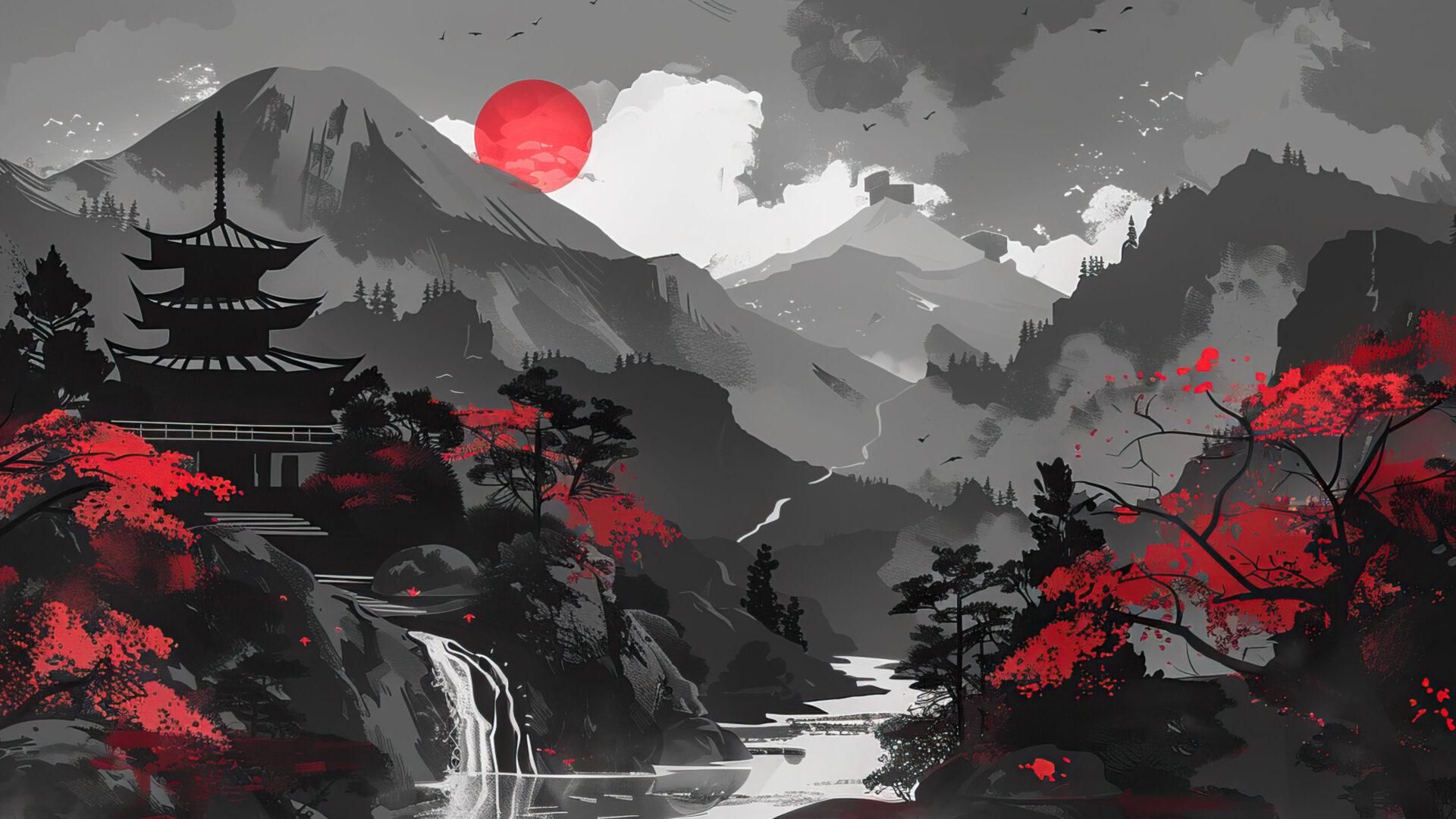 1920x1080 Red And Black Japanese Scenery Painting [1920x1080]