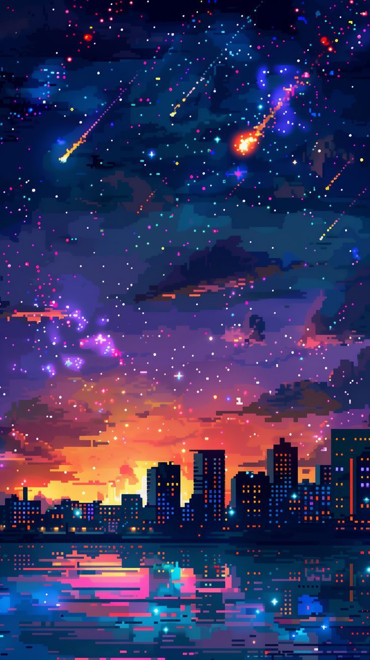 736x1313 Pixel Art City At Night With Shooting Stars 7