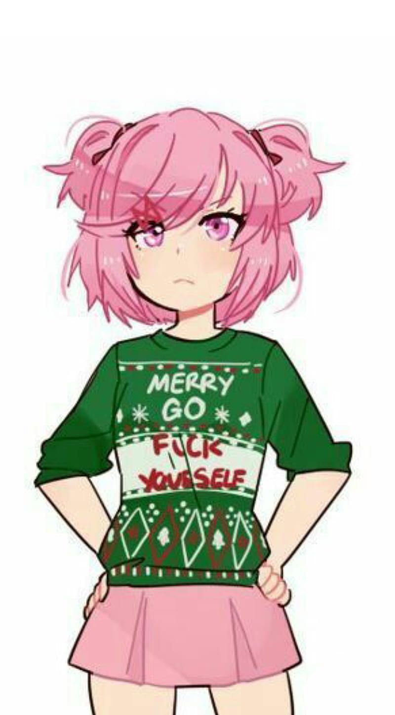 800x1450 Christmas Natsuki, ddlc, ddlc natsuki, doki doki literature club, funny, funny christmas, HD phone wallpaper