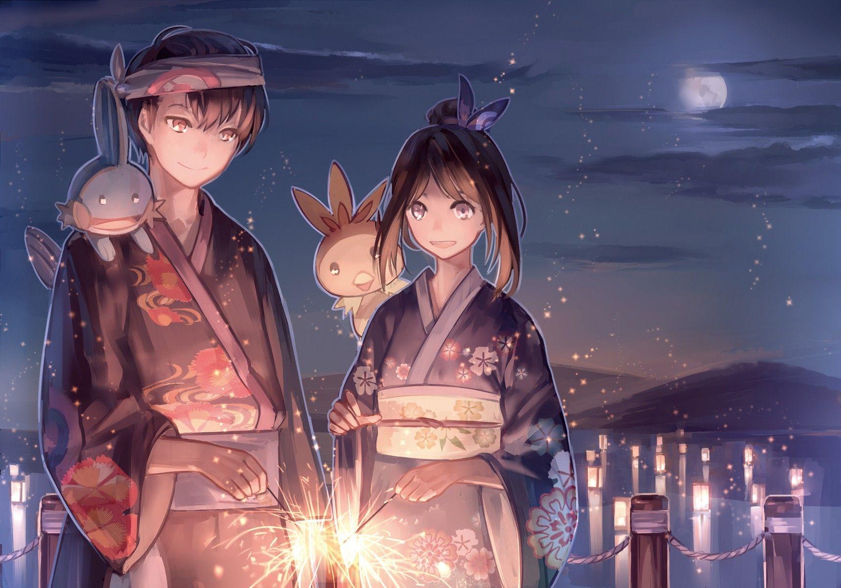 1717x1200 #fireworks, #kimono, #Pokémon, #night, wallpaper. Anime