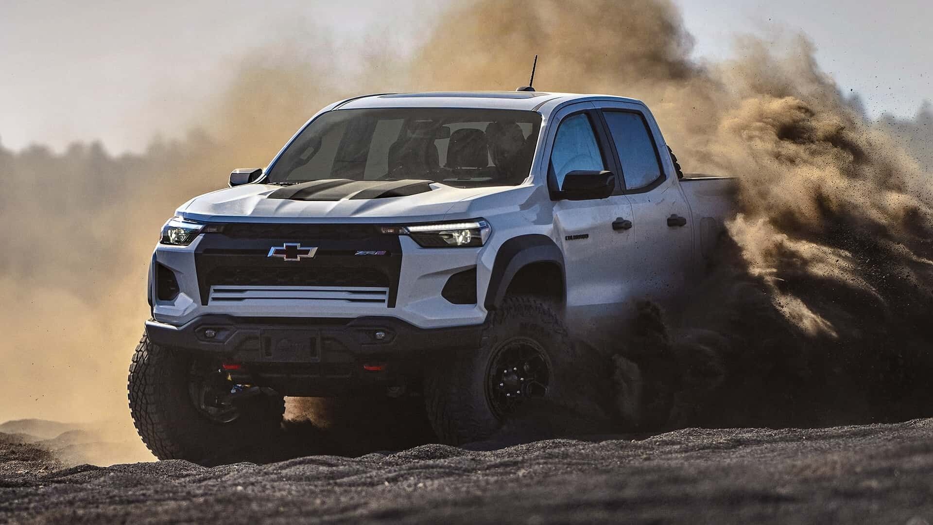 1920x1080 Wallpaper movement, speed, Chevrolet, pickup, Colorado, ZR clouds of dust, 2023 for mobile and desktop, section chevrolet, resolution 1920x1080