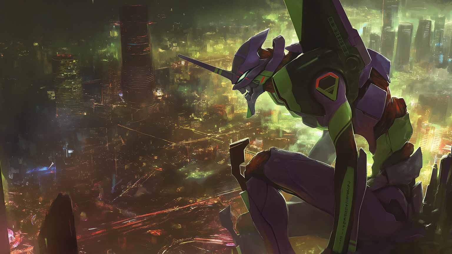 1536x864 Neon Genesis Evangelion EVA 01 Cityscape Desktop Wallpaper