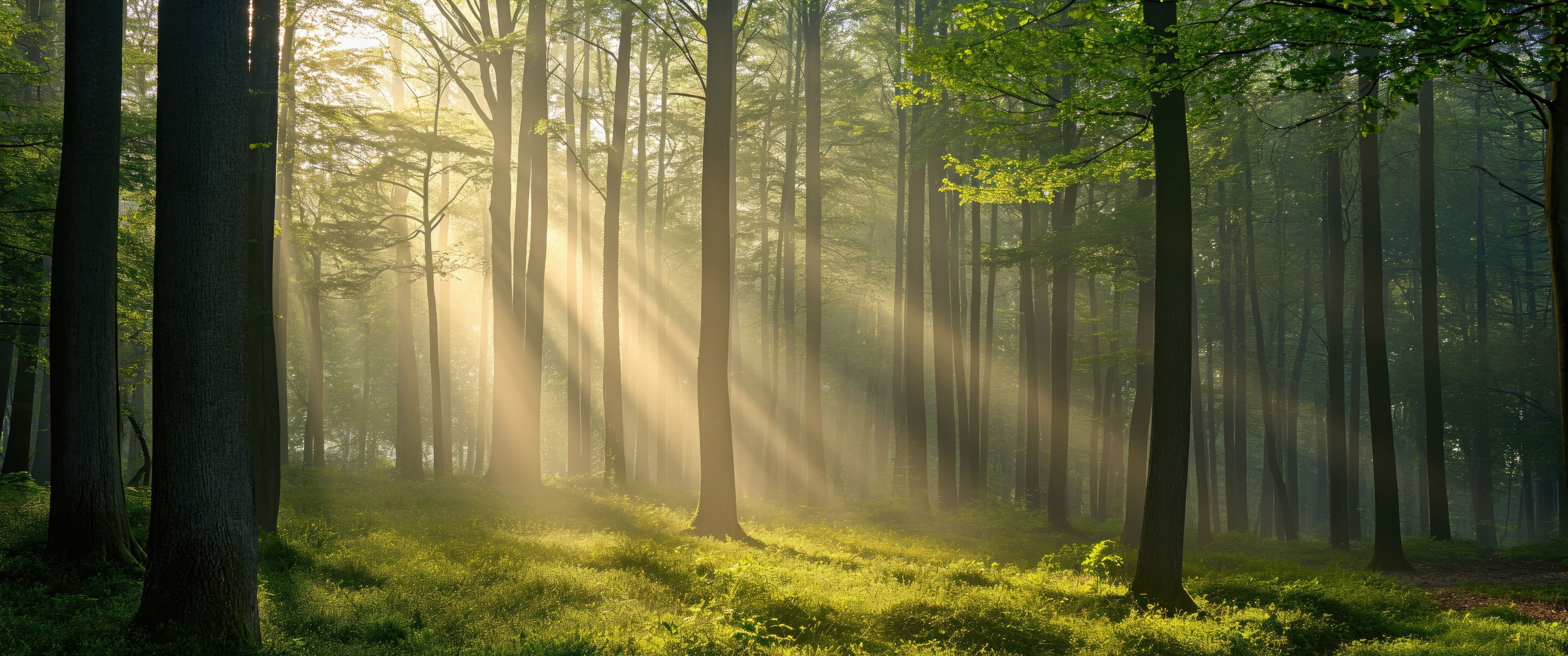 3440x1440 Thick forest Wallpaper 4K, Sunlight, Scenic, 5K, Sun rays