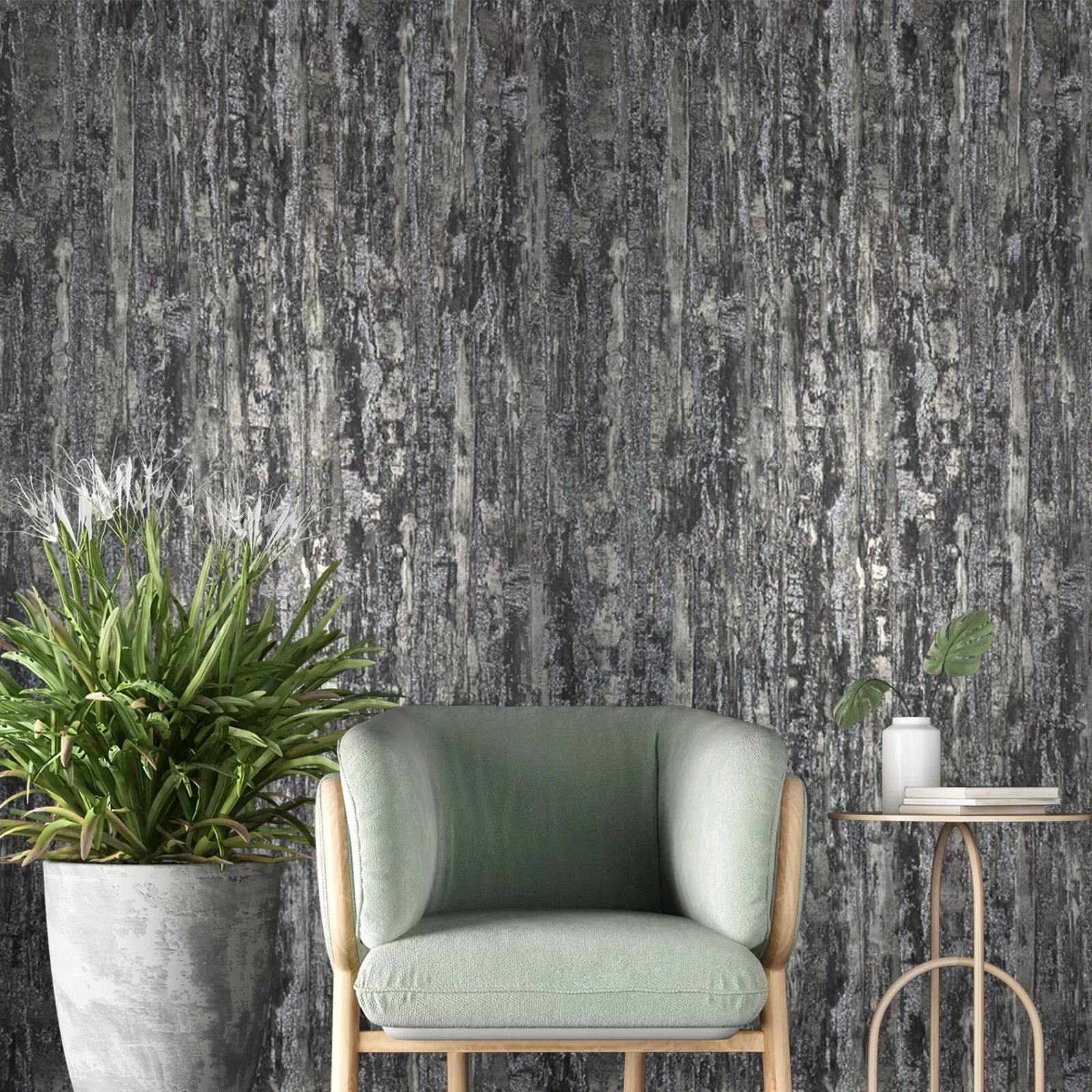 1600x1600 Z10930 Gray black silver metallic faux distressed metal plaster textured Wallpaper roll