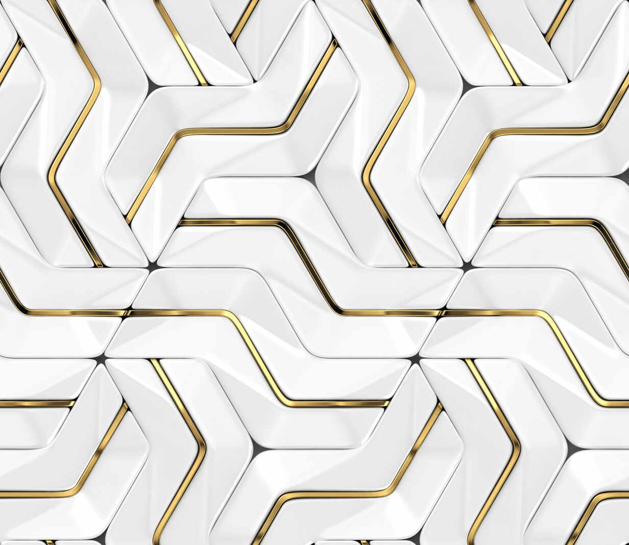 1232x1067 3D Wallpaper white tiles with golden metal decor with modern geometric modules with high quality seamless realistic texture