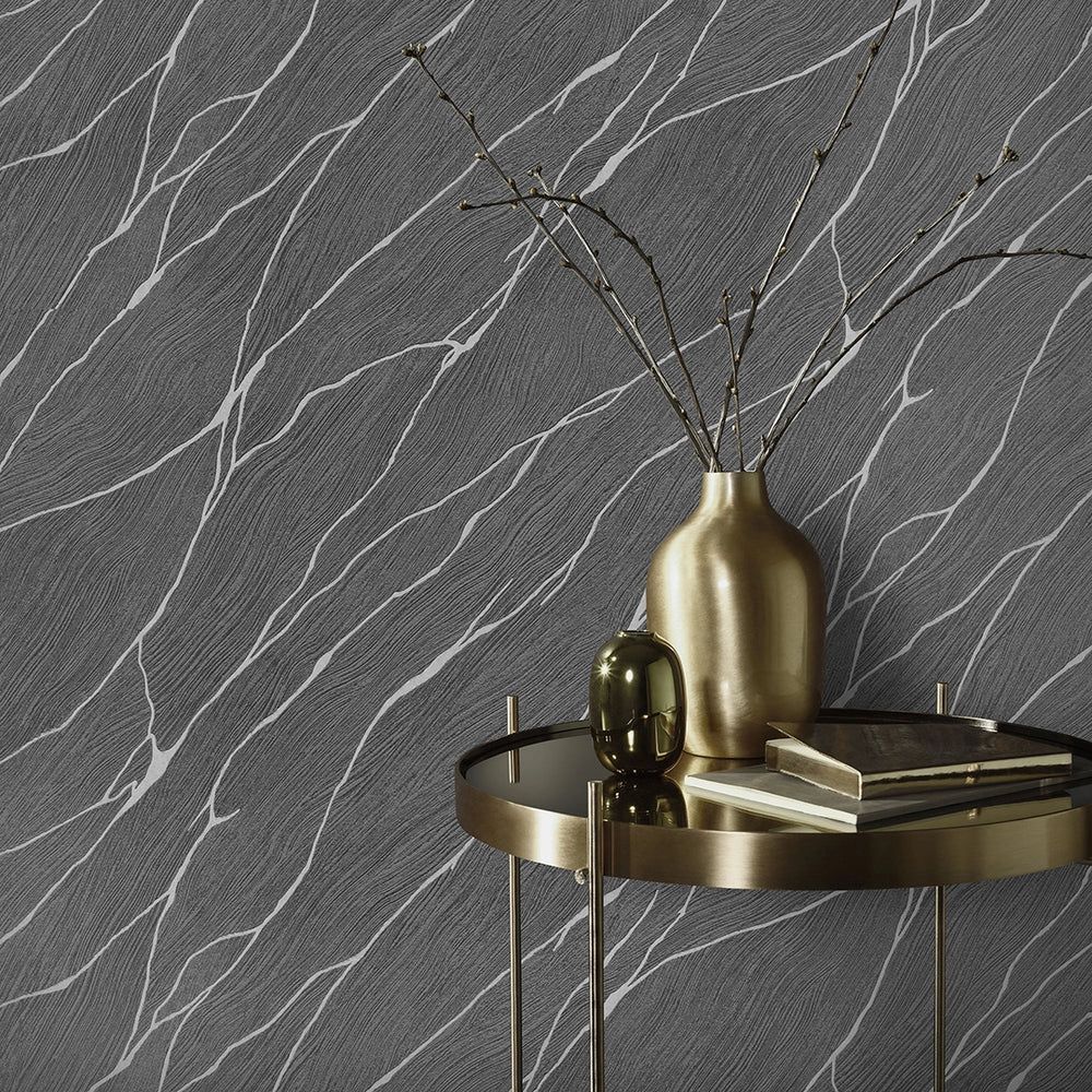 1000x1000 Ridged Metallic Wallpaper in Graphite with Silver Metallic
