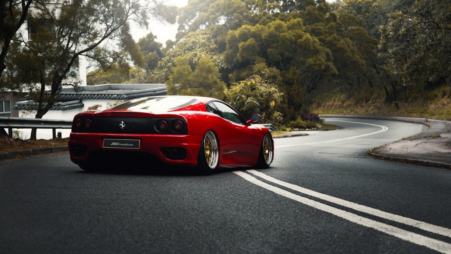 1920x1080 Ferrari 360 Modena Supercar HD Wallpaper on a Scenic Mountain Road