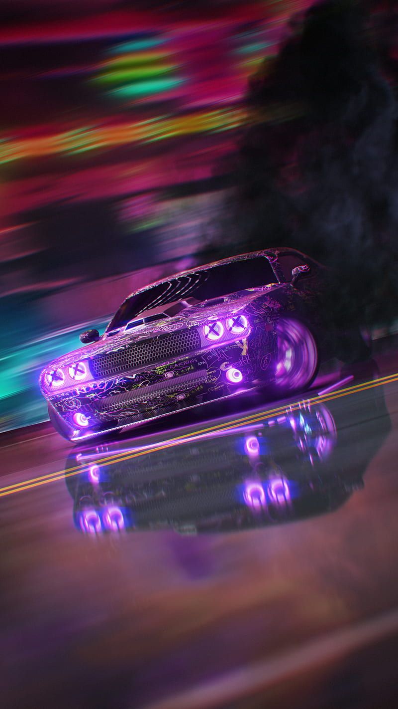 800x1422 Dodge Challenger, cyberart, drift, neon, power, race, samsung, smoke, sports car, HD phone wallpaper