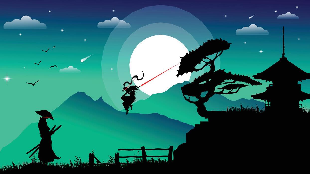 1244x700 Samurai fighting silhouette wallpaper 4K desktop. samurai fighting background. cool vibe and full moon. landscape view illustration vector background