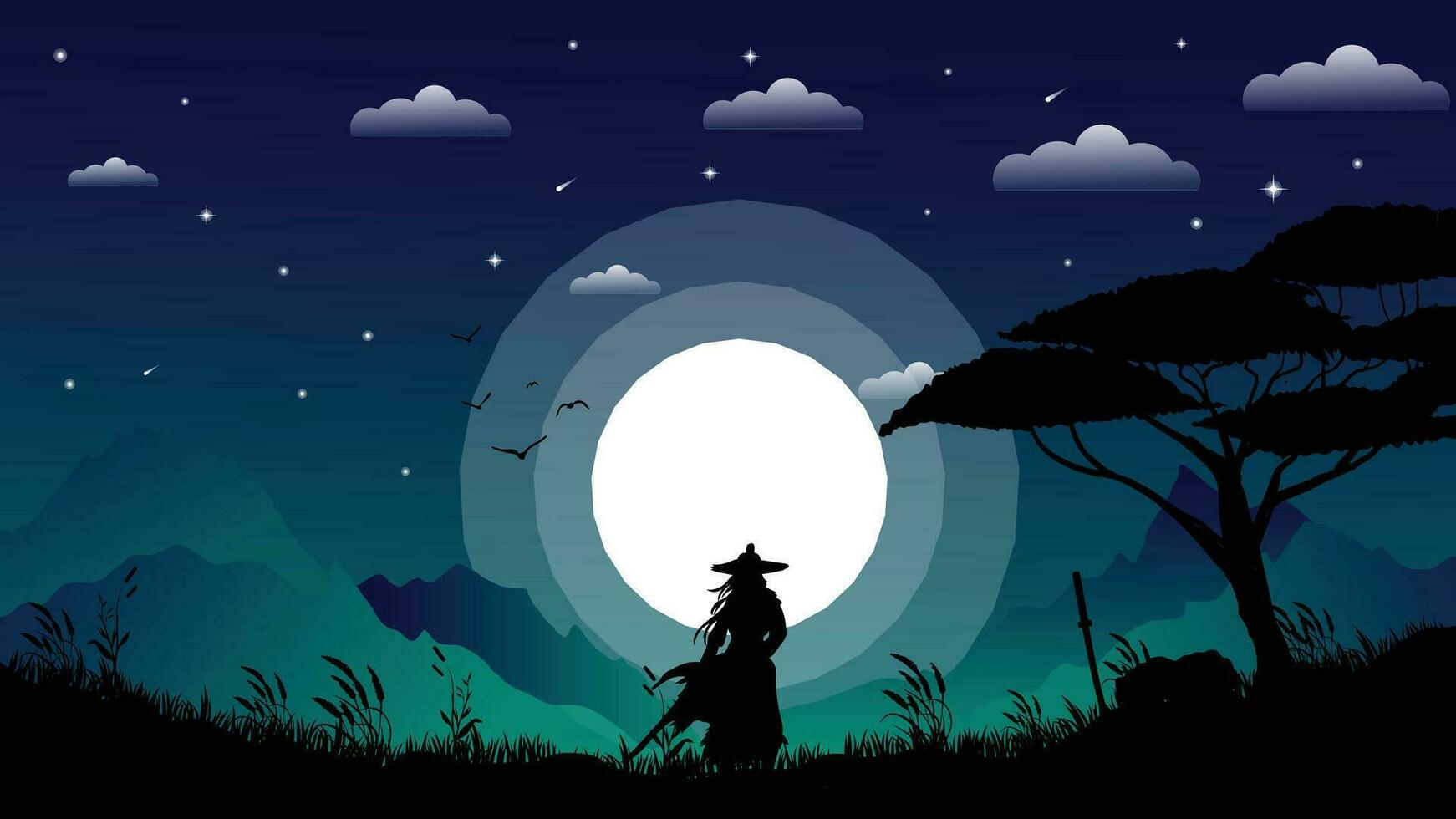 1742x980 The samurai are resting wallpaper 4K desktop. The samurai are resting background. cool night vibe and full moon. landscape view illustration vector background