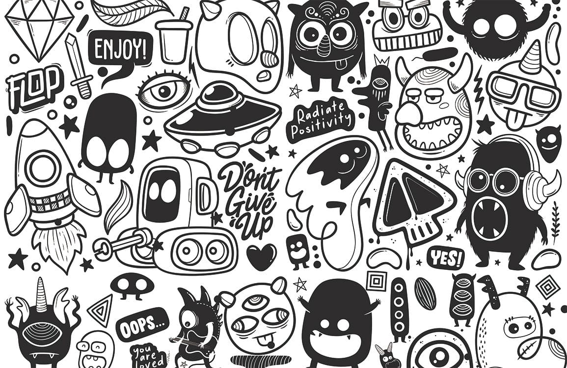 1155x750 Monochrome Quirky Doodle Mural Wallpaper for Creative Spaces and Bedrooms